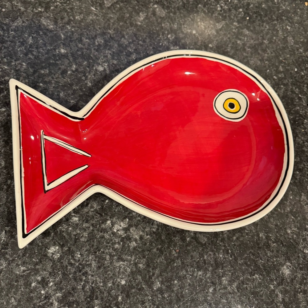 M. Bagwell Red Fish-Shaped Ceramic Dish "Water Collection" Coastal Home Decor - Picture 2 of 5